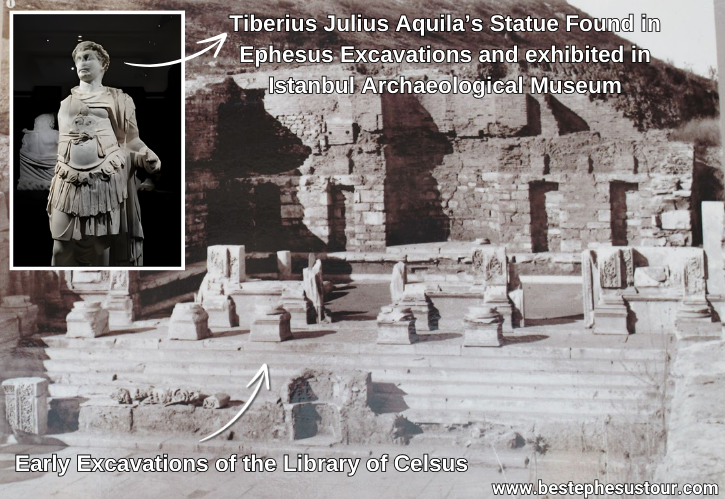 Early excavations of the Library of Celsus and the statue of the Tiberius Julius Aquila