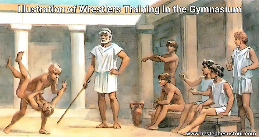 Illustration of Wrestlers Training in the Gymnasium